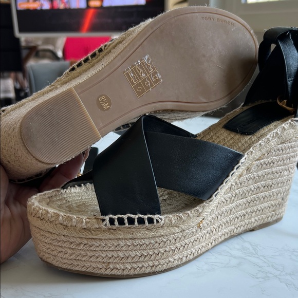Tory Burch Black Leather Espadrille Platform Sandals - Picture 2 of 5